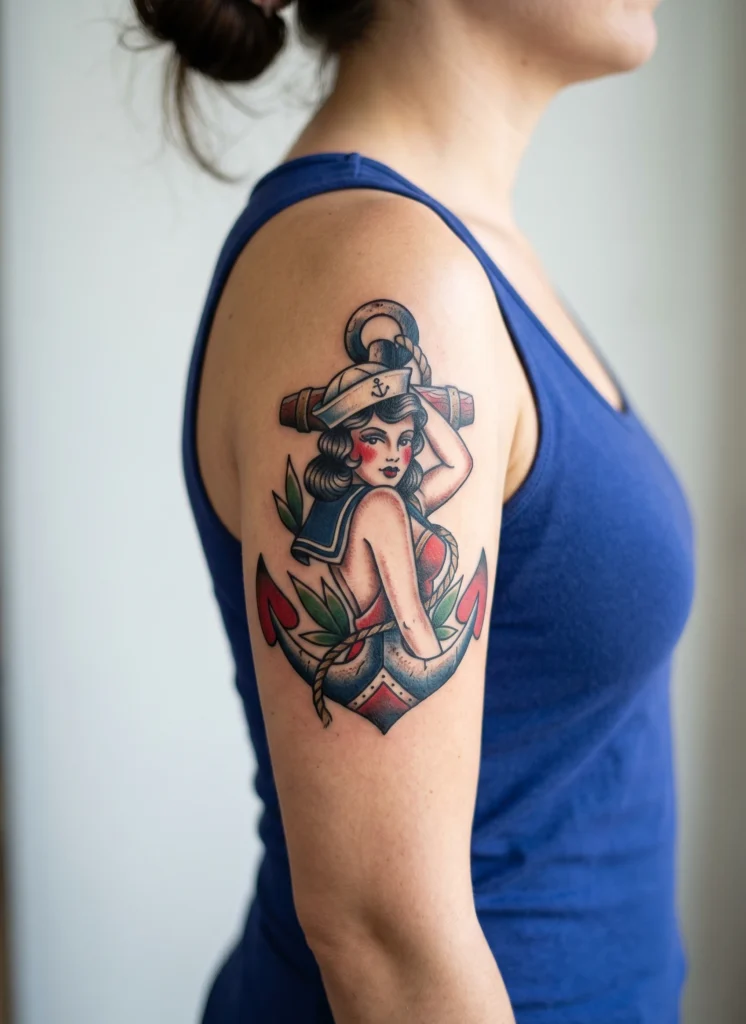 Classic Pinup Girl with Sailor Hat and Anchor Backdrop