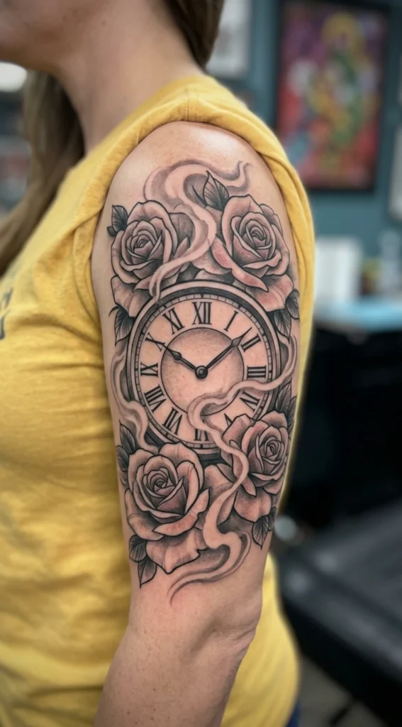 Clock Face with Roses and Smoke