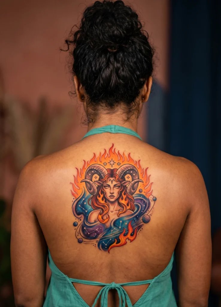 Cosmic Aries Goddess with Fire Aura