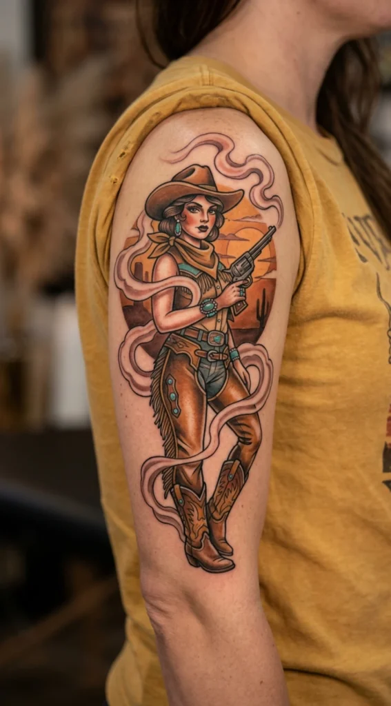 Cowgirl Pinup Holding Revolver with Smoke Accents