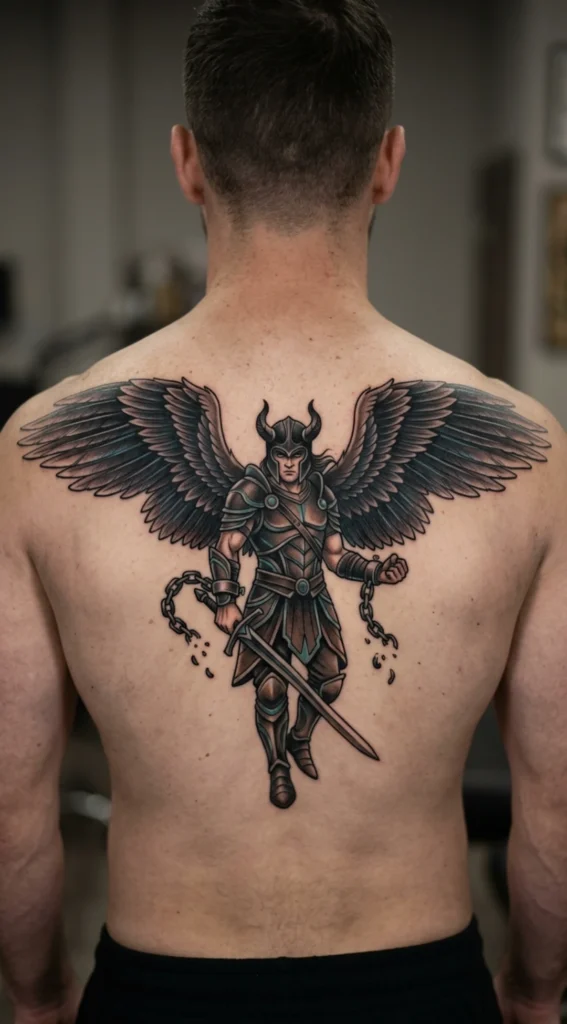 Dark Angel Warrior with Wings and Broken Chains
