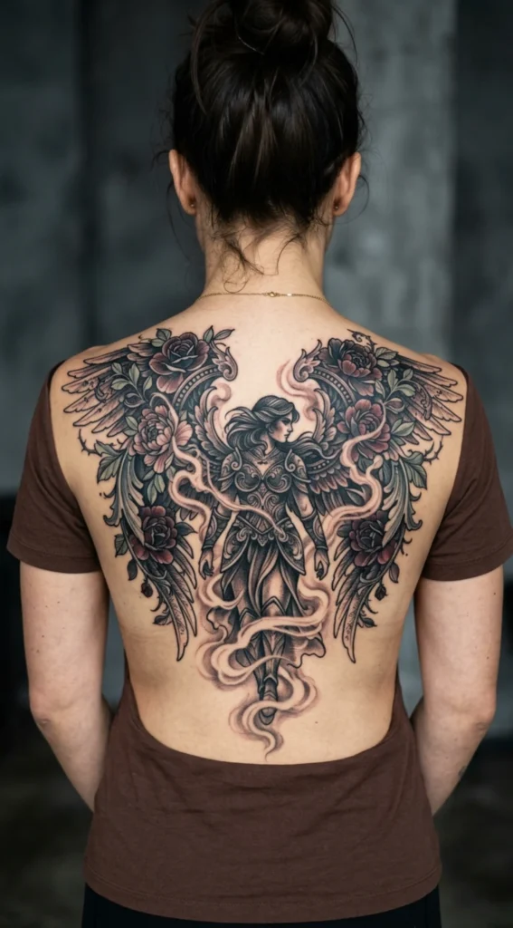 Dark Angel with Floral Wings and Soft Smoke Effects