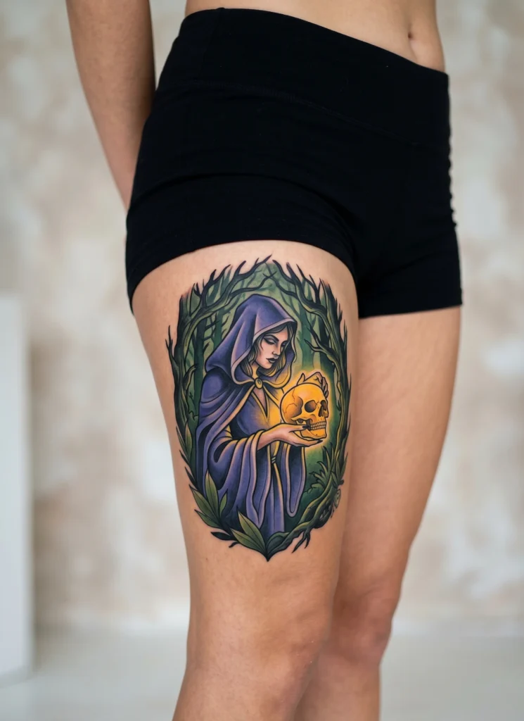 Dark Forest Witch Holding Glowing Skull
