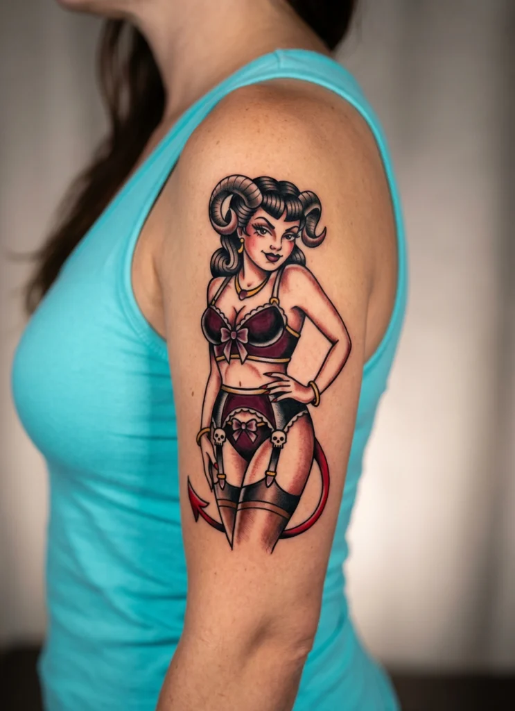 Devil Pinup Girl with Horns and Vintage Lingerie Style