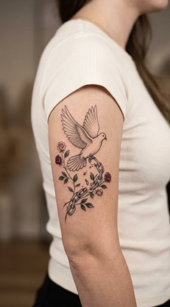 Dove with Broken Chain and Rose Vines