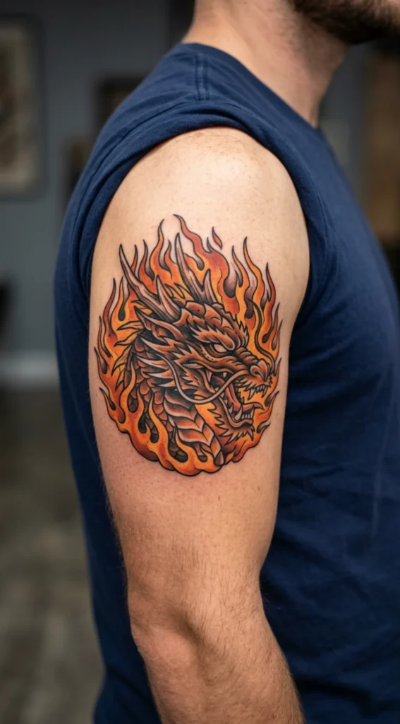 Dragon Head Emerging from Flame Burst