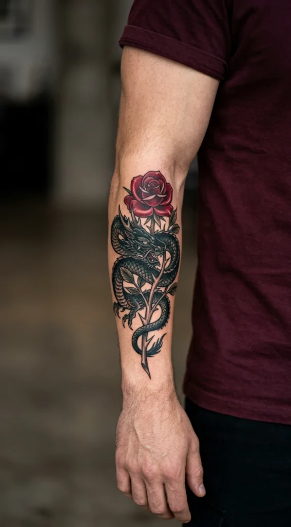 Dragon Wrapped Around Rose Stem