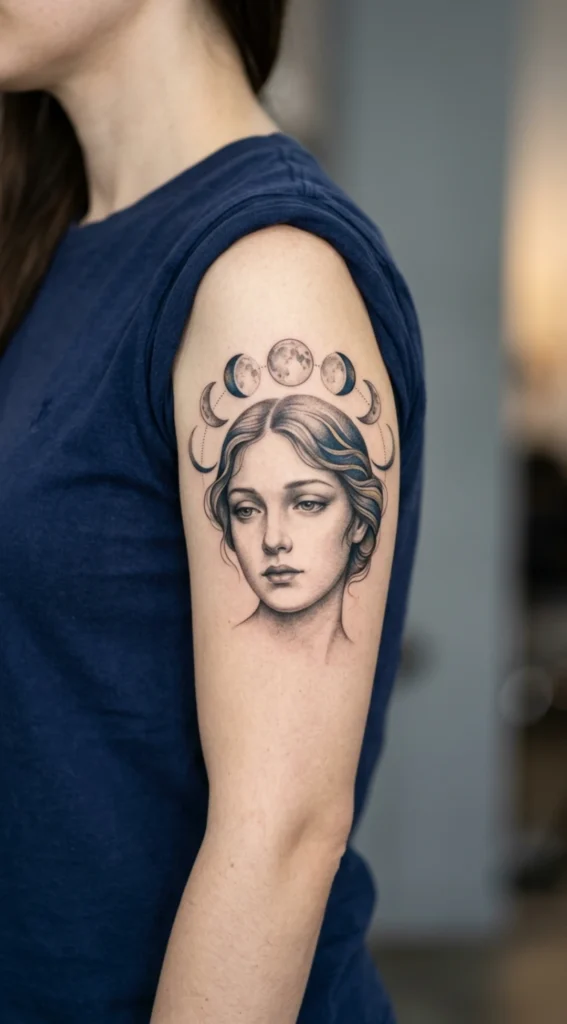 Dreamy Feminine Face with Moon Phases