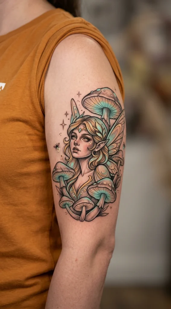 Fairy Portrait with Mushrooms and Glow Elements