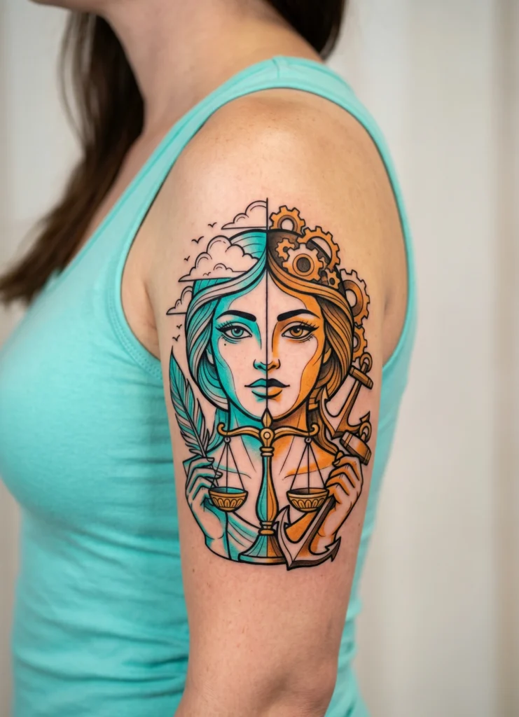 Feminine Face Split with Balance Scales