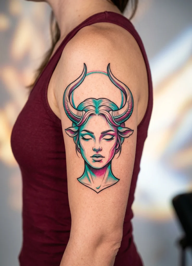 Feminine Face with Bull Horn Halo