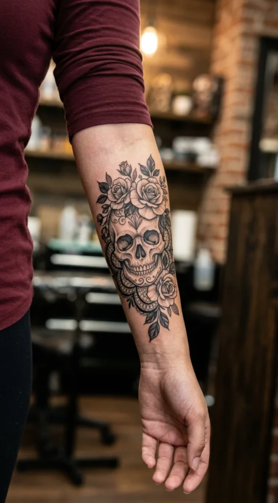 Feminine Skull with Roses and Lace Details