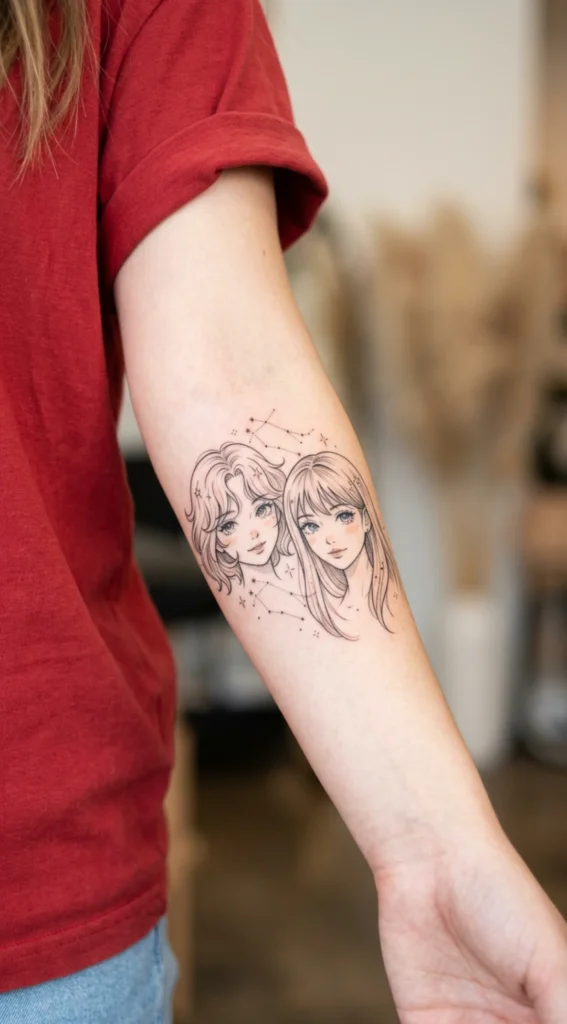 Fine Line Twin Portrait Manga Style
