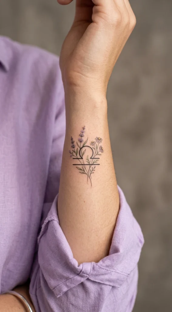Floral Libra Glyph Fine-Line Tattoo
