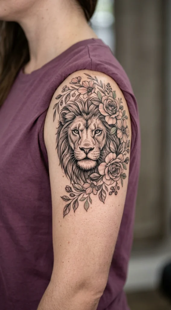 Floral Lion Face Shoulder Tattoo