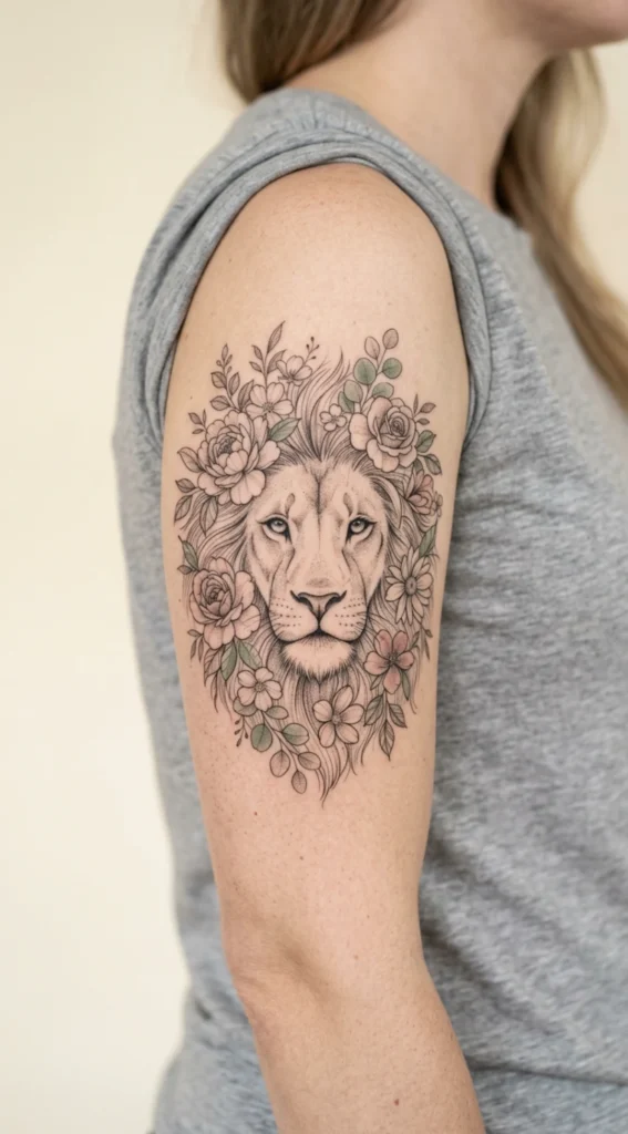 Floral Lion Mane Fine Line Tattoo