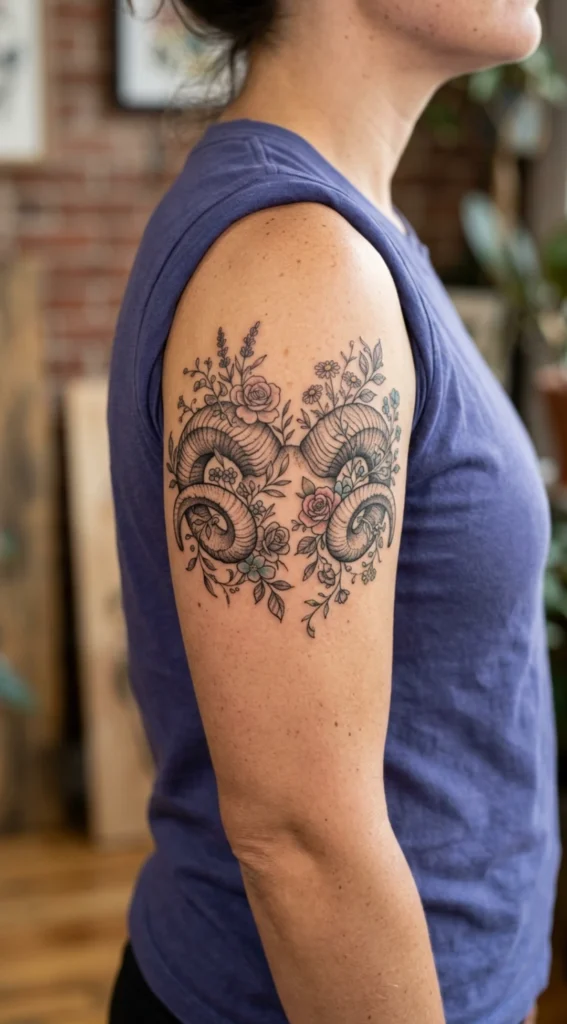 Floral Ram Horn Fusion Tattoo