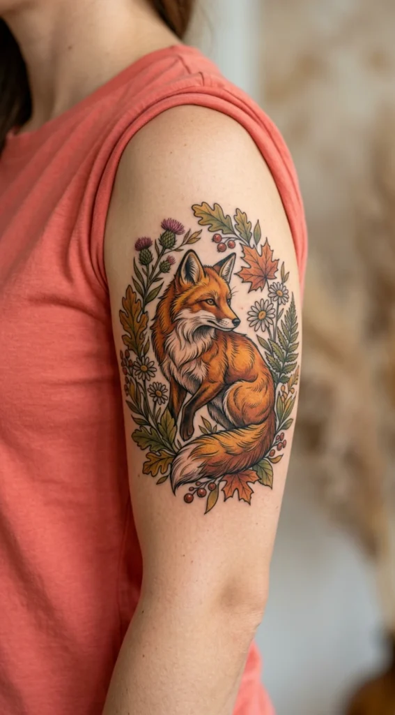 Fox Spirit with Wildflowers and Leaves
