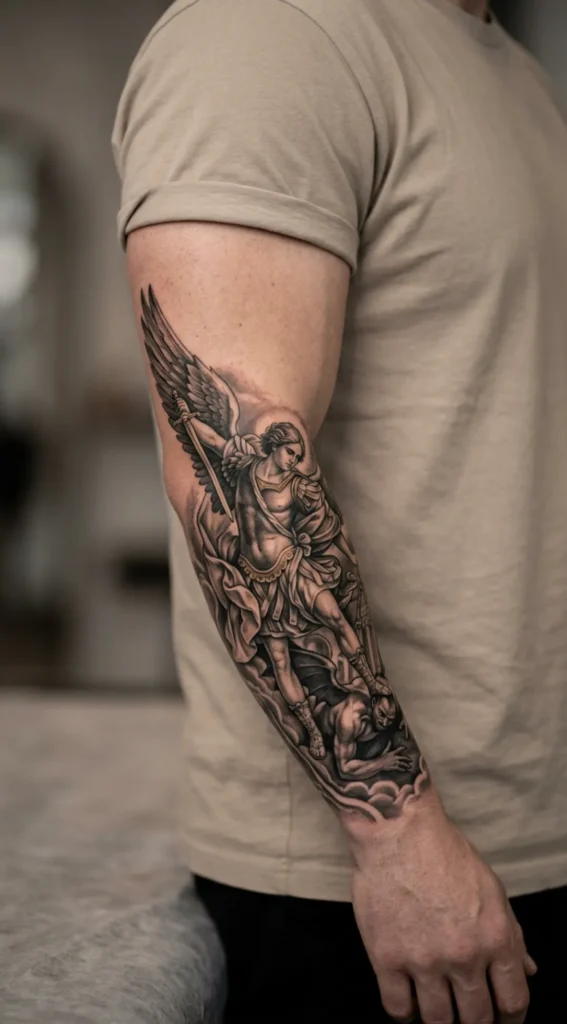 Full Realism Saint Michael Forearm Sleeve Flow