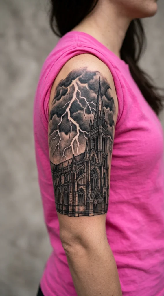 Gothic Church with Lightning Sky