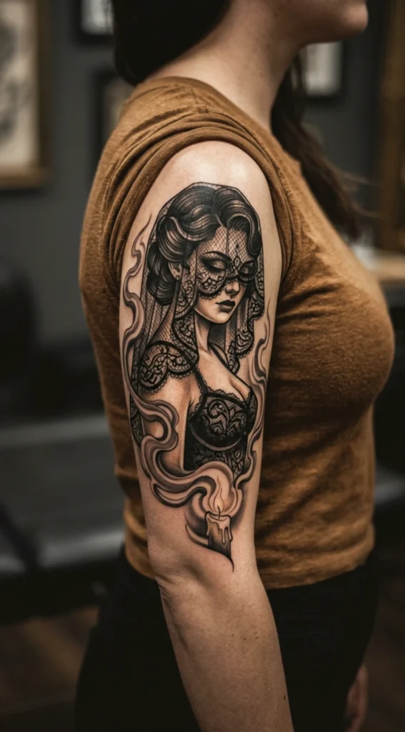 Gothic Pinup with Lace Veil and Candle Smoke