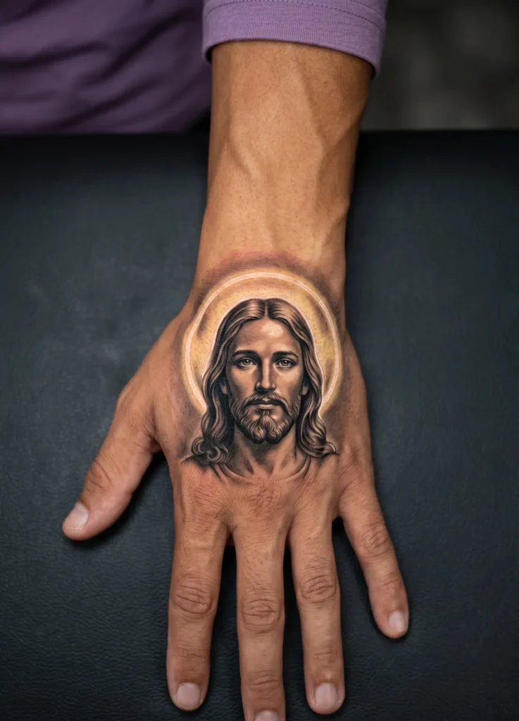 Hand Tattoo Jesus With Halo Glow