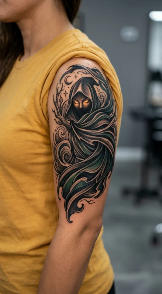 Hooded Witch with Glowing Eyes and Cloak Flow