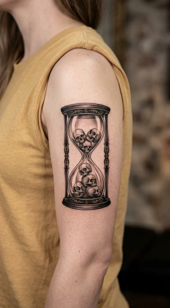 Hourglass with Falling Skulls