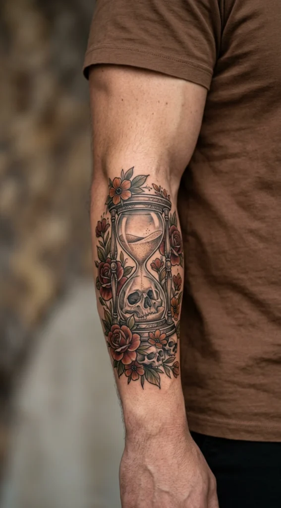 Hourglass with Skull and Flowers
