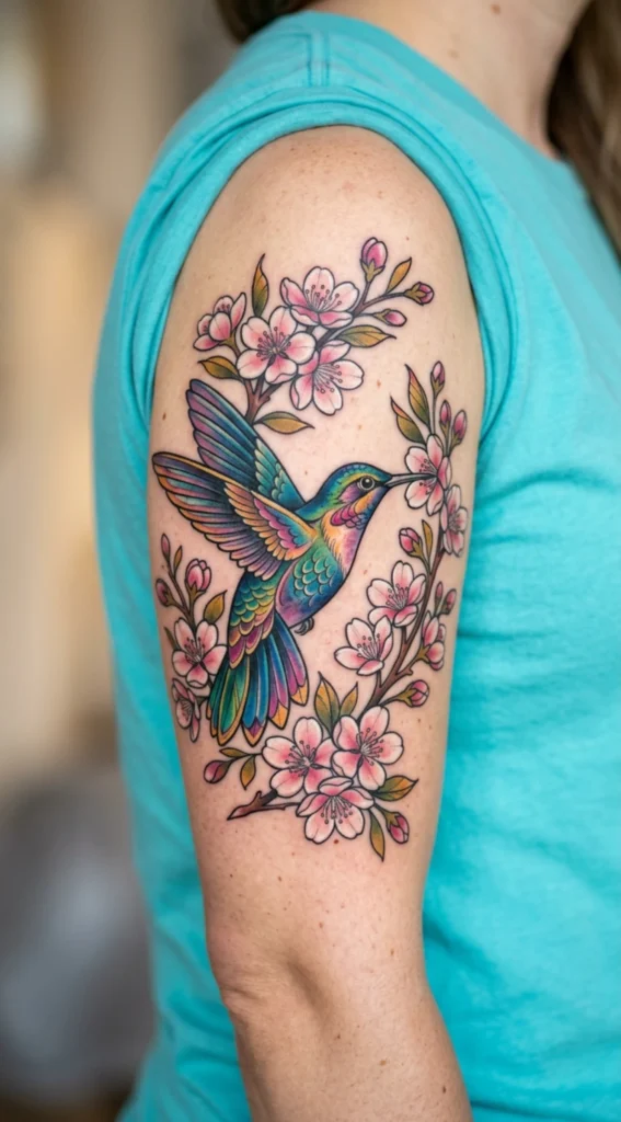 Hummingbird Feeding on Cherry Blossoms