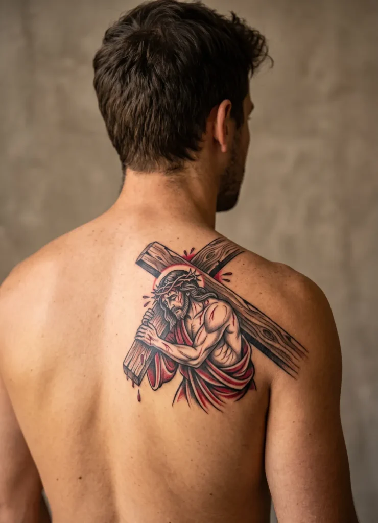 Jesus Carrying Cross Shoulder Tattoo