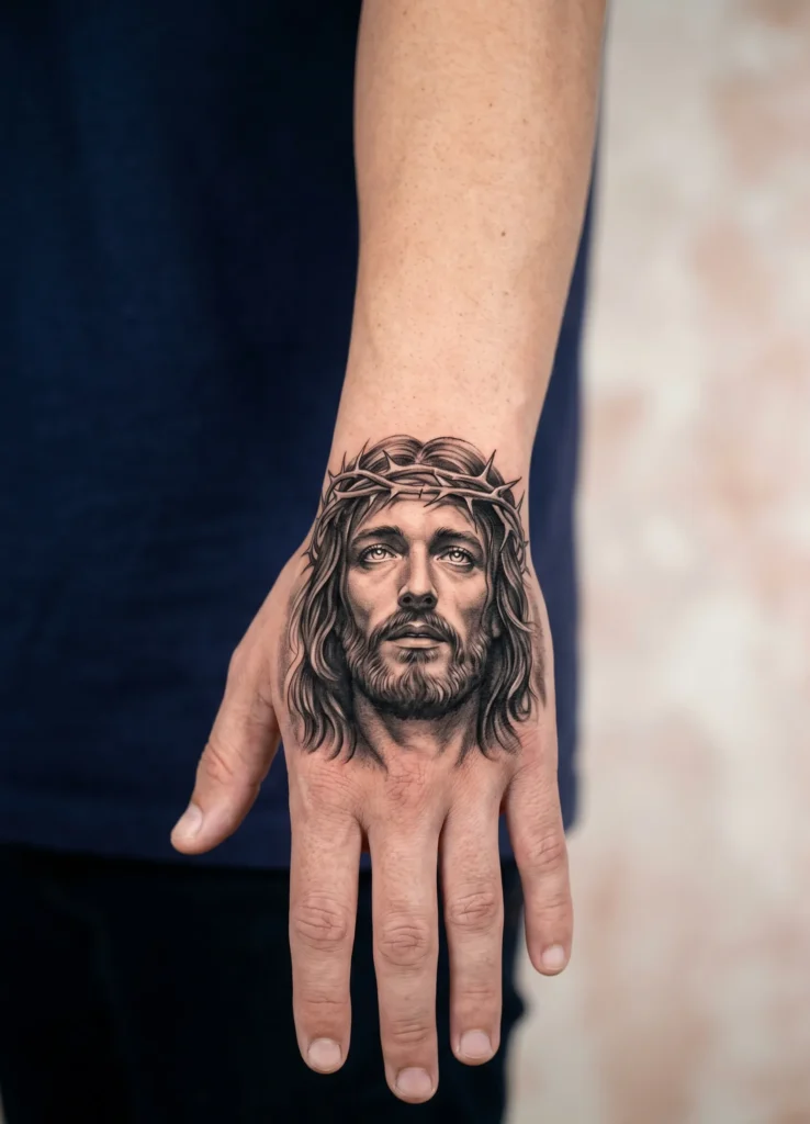 Jesus Face With Glowing Eyes Hand Design