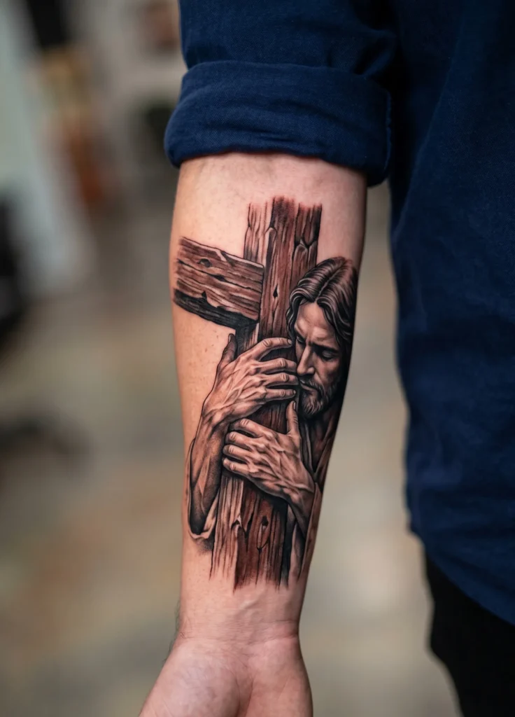 Jesus Holding Cross Close Realism