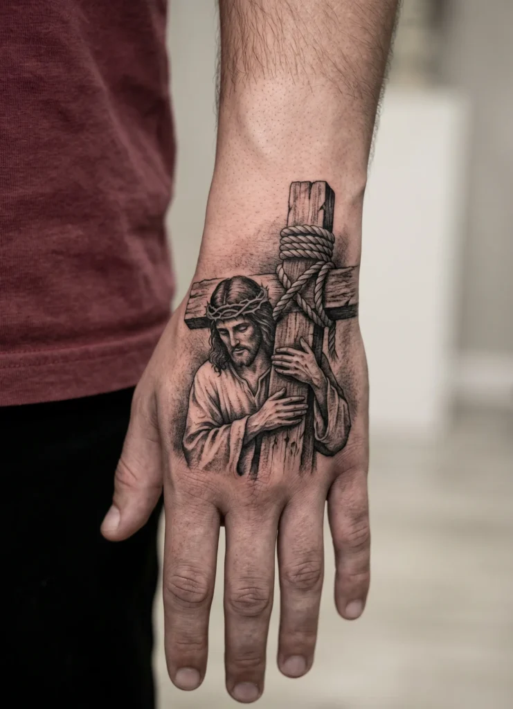 Jesus Holding Cross and Rope Hand Art