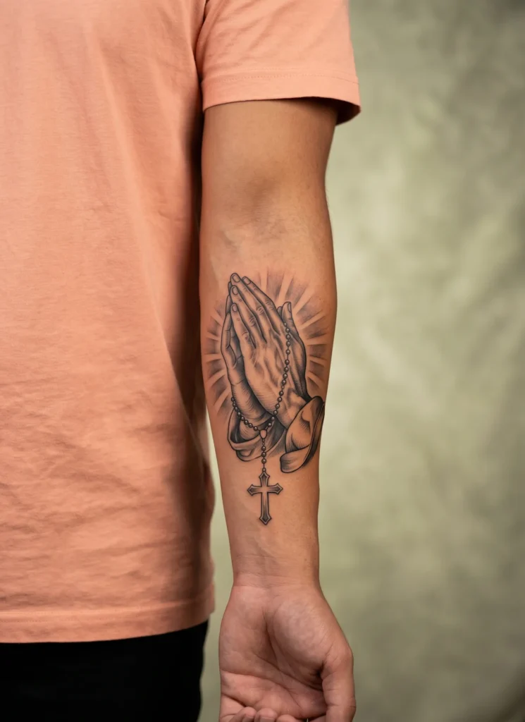 Jesus Praying Hands Forearm Tattoo