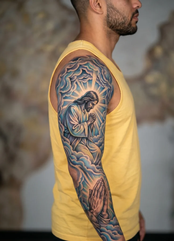 Jesus Praying With Clouds Sleeve Design
