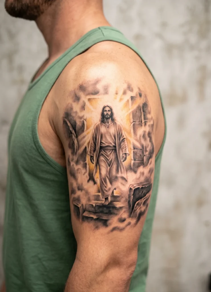 Jesus Rising from Tomb Mist Scene