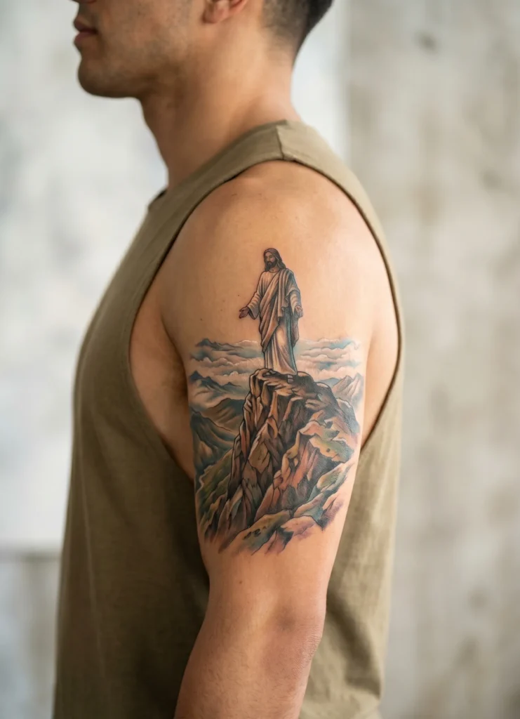 Jesus Standing on Mountain Peak