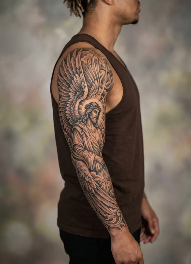  Jesus With Angel Wings Sleeve Fusion