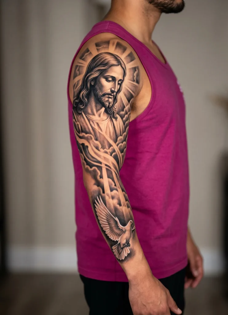 Jesus With Dove Symbolic Sleeve Flow