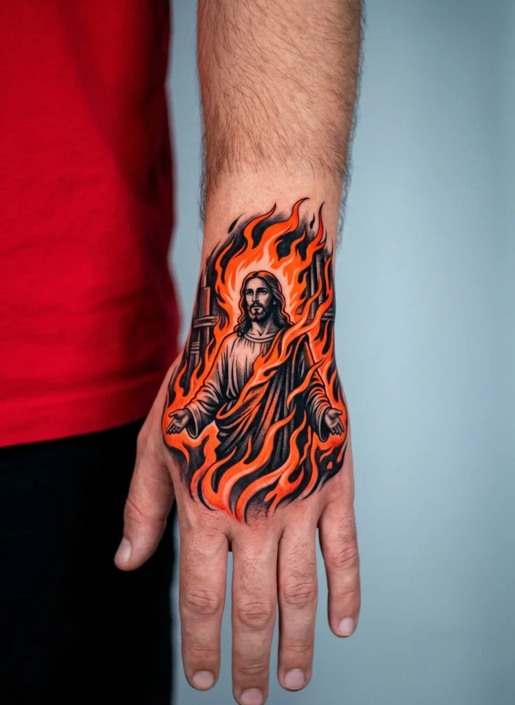 Jesus With Flame Aura Hand Tattoo