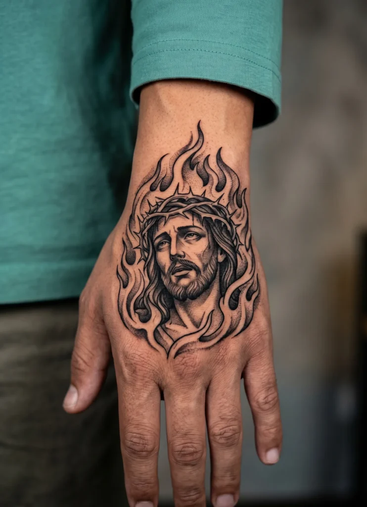 Jesus With Flame Aura Palm Design