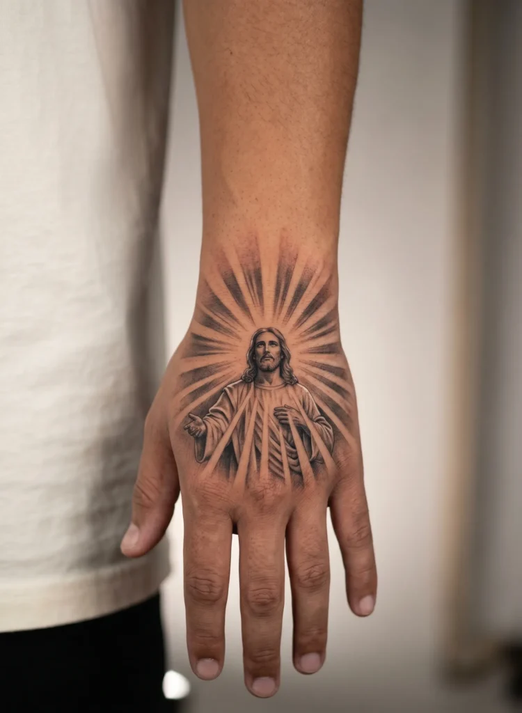 Jesus With Light Rays Hand Tattoo