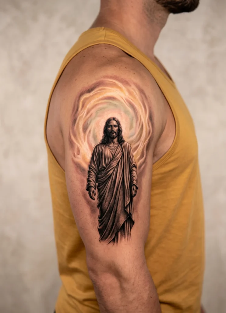 Jesus with Glowing Heavenly Portal Behind