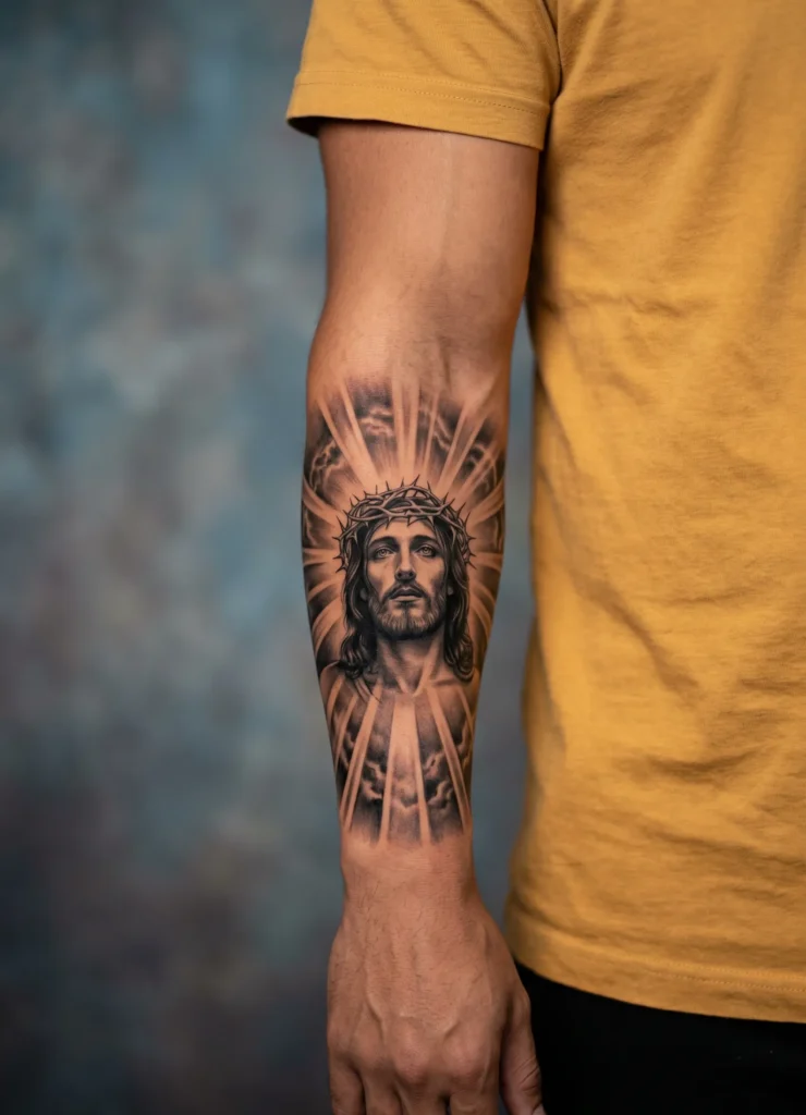 Jesus with Light Burst Grey Realism