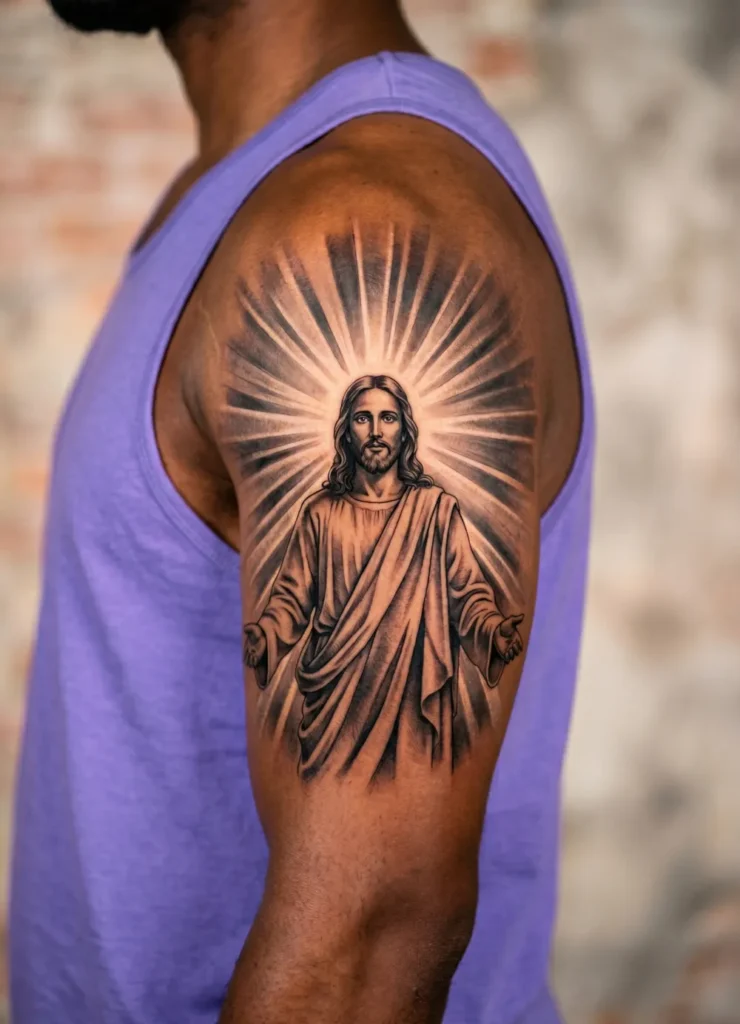 Jesus with Radiant Sunburst Background