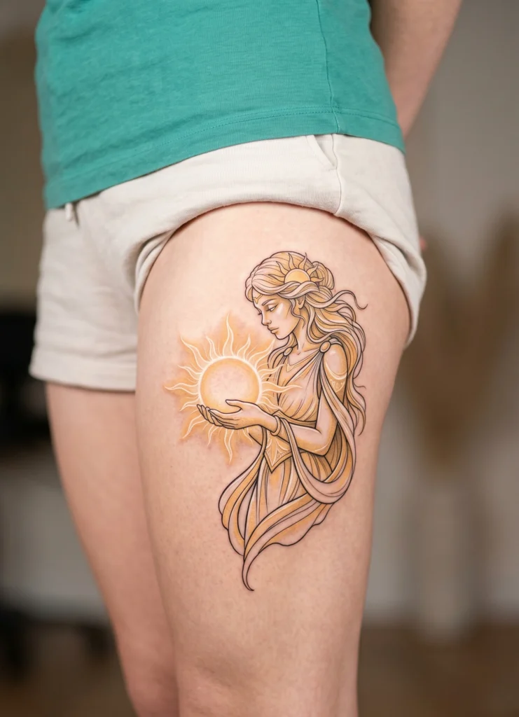 Leo Goddess Holding Glowing Sun