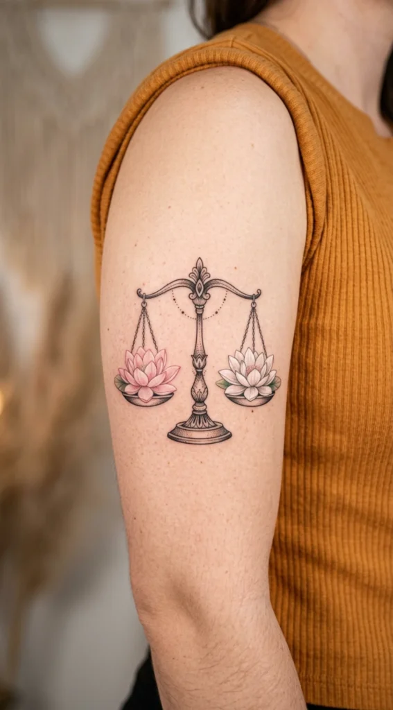Libra Scales with Blooming Lotus Flowers