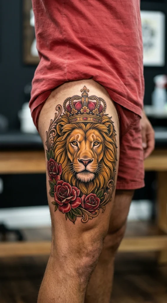 Lion Face with Crown and Roses