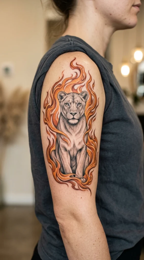 Lioness Surrounded by Sun Flames